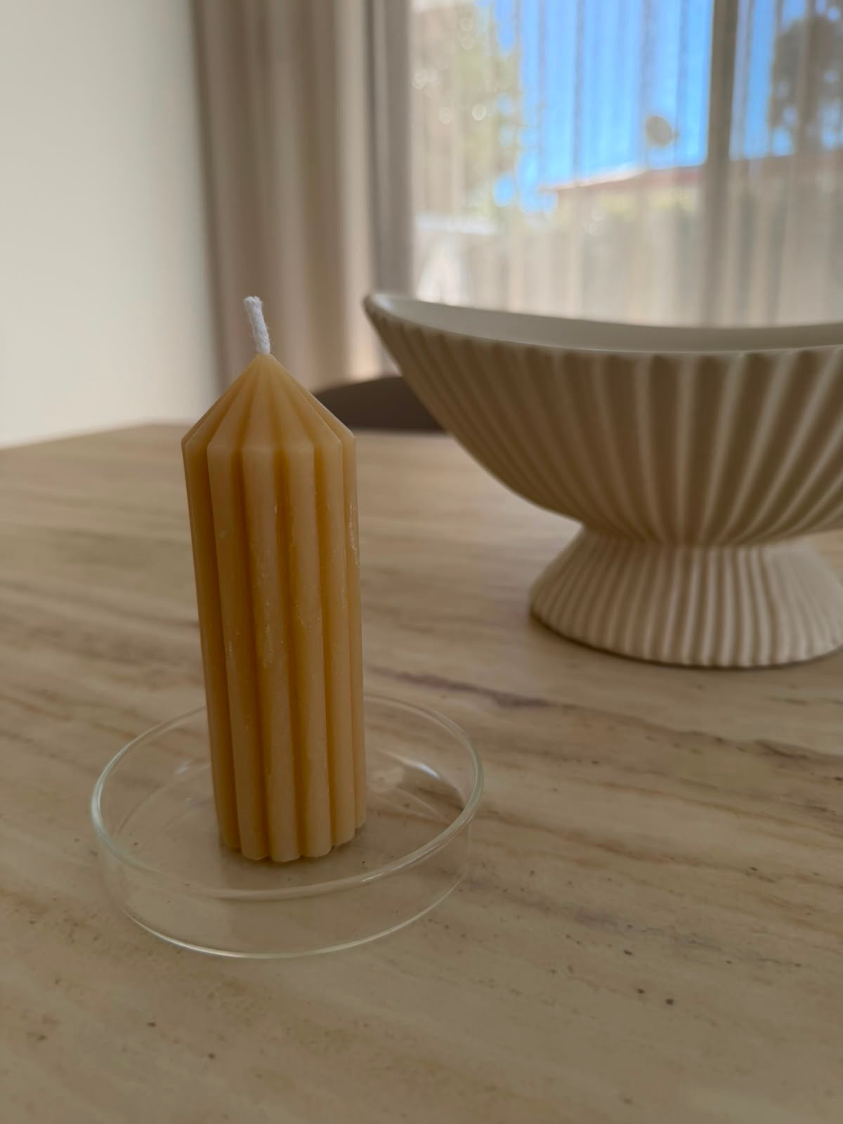 Pointed Ribbed Pillar Beeswax Candle